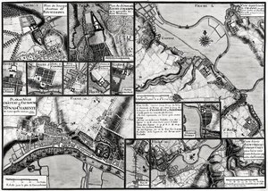 Fol.7 & 98 Karta över städer och slott som ligger längs floden Charente 1714, från Recueil des Plans de Saintonge (penna & bläck och wc på papper)