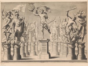 Allegori till ära av House of Savoy med legendariska figurer på piedestaler av Claude Mellan