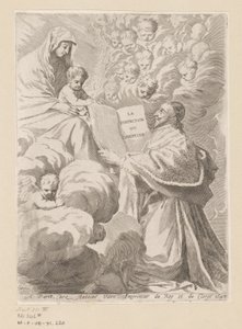Armand-Jean du Plessis, hertigen av Richelieu, presenterar en bok till Maria med barn Titelsida för: Armand-Jean du Plessis hertig av Richelieu, Traité de la perfection du chrétien av Claude Mellan