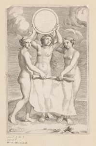 Tre gracer med en medaljong Titelsida för: Balthazar de Vias, Charitum libri tres, 1660 av Claude Mellan