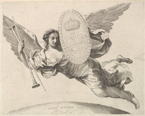 Fame som bär en sköld med initialen av Louis XIV La Renommée volant. av Claude Mellan