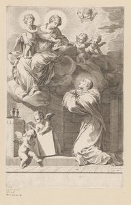 H. Bernard knäböjer inför en uppenbarelse av Jungfrun och barnet Titelsida för: Saint Bernardus, Divi Bernardi Abbatis (...), 1640 av Claude Mellan
