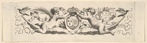 Pannband: Två spädbarn med armarna från Frankrike och Navarra. av Claude Mellan