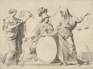 Minerva flankerad av fred och rättvisa Armoires de Gallard et de Mesmes. av Claude Mellan