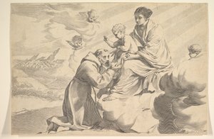 St. Franciskus av Assisi avgudar Kristusbarnet i jungfruknäet.