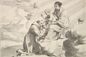 Den helige Franciskus av Assisi avgudar Kristusbarnet i jungfruknäet.