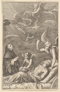 St. Nicolas ber för en döende man. av Claude Mellan