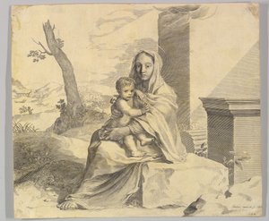 Jungfru och barn sitter på en klippa Jungfru och barn i ruiner, 1659. av Claude Mellan
