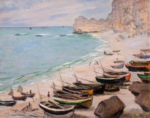 Båtar på stranden vid Etretat av Claude Monet