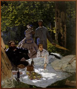 Frukost på gräsfragment. Vänster del. Höger sida: representation från vänster till höger av Gustave Courbet, Camille Doncieux och Frederic Bazille (stående i mitten). Målning av Claude Monet (1840-1926) 1865-1866 Sön. 2,48x2,17 m Paris, musee d