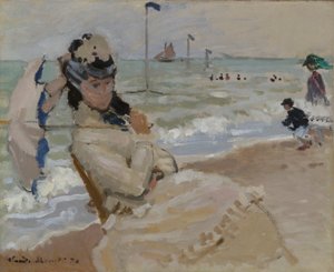 Camille på stranden i Trouville av Claude Monet