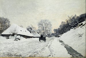 Vagn, väg under snö i Honfleur (olja på duk av Claude Monet
