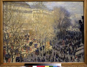 ""Le boulevard des Capucines"" Folkmassa av förbipasserande och trafik i operadistriktet i Paris. Målning av Claude Monet (1840-1926). Olja på duk. Impressionism. 1873. Mått 61x80 cm Pushkin-museet, Moskva av Claude Monet