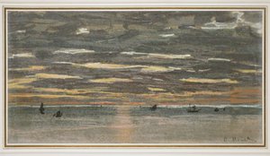 Solnedgång till sjöss, 1865-1870 (pastell på gulfärgat papper) av Claude Monet