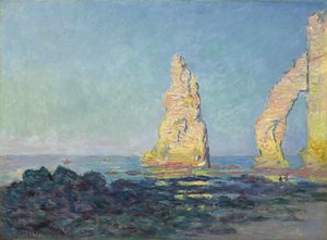 Etretats nål, lågvatten; Aiguille d"Etretat, maree basse, 1883 av Claude Monet