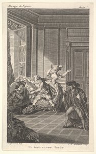 En man uppkrupen i en stol ser mot en annan man som närmar sig honom från vänster i..., ca. 1784.
