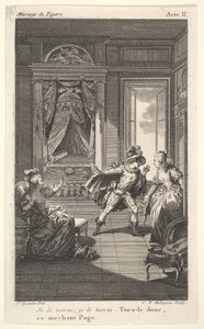 En man lutar sig mot en kvinna som står i en dörröppning till höger, till vänster en sittande kvinna höjer..., ca. 1784.