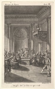 En man som sitter i en stol på en trappstegsplattform håller en publik, två pekande män står..., ca. 1784.