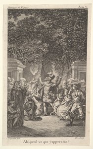 En ung pojke håller en fackla under träd i en trädgård, i mitten höjer en man båda armarna, s..., ca. 1784.