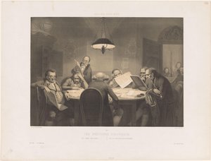 Läser män runt ett bord Les profonds politiques / De djupa politikerna / Die vollendeten Staatsmanner (titel på objekt) Humoristiska föreställningar (serietitel) Gallery pour rire (serietitel på objekt) av Claude Thielley