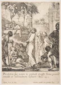 Att hela den förlamade Jesus Kristus bevisar genom att hela en förlamad att han har makten att... av Claude Vignon