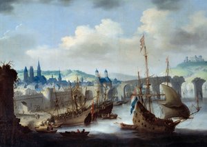 Utsikt över staden Rouen Fartygen ligger förtöjda vid Seines strand. Målning av Claude de Jongh