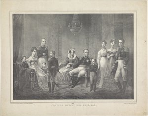Familjeporträtt av Vilhelm I Frederik, kung av Nederländerna, Wilhelmina av Preussen, deras söner med hustrur, deras dotter och fyra barnbarn av Claudio Linati