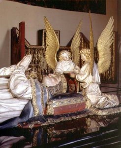 Detalj av avbildningen och de två änglarna från Philip den djärves, hertig av Burgund (1342-1404) grav, av Jean de Marville (d.1389), Claus Sluter (d.1405/6) och Claus de Werve (ca 1380-1439), beställda för klostret Champmol. av Claus and Marville Jean de Sluter