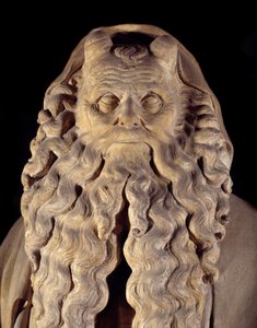 Flamländsk gotisk konst: profeten Moses. detalj av piedestalen med representationerna av Daniel, Zaccharia, Jesaja, Moses, Jeremia och David av Claus Sluter (1350-1406) känd som Mose Puits (eller Profeternas brunn)