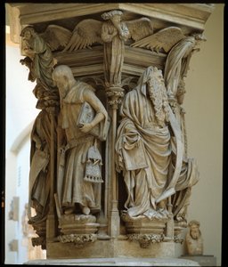 Well of Moses - skulptur erkänd som den holländska konstnären Claus Sluters (1340-1405/6) mästerverk - flamländsk gotisk konst: piedestal med representationerna av Daniel, Zaccharie, Jesaja (vänster), Moses (höger), Jeremie och David av Claus Sluter (1350-