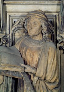 Jeremia, detalj av en av profetfigurerna från den sexkantiga piedestalen i Mose brunn, sten från 1395-1404