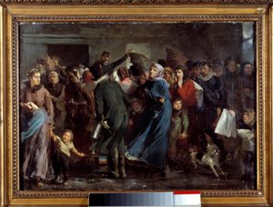 Svansen har slakt. De hungriga invånarna i Paris väntar på sin tur vid slaktarens hus under kriget 1870 - 1871 mot Preussen. Målning av Clement Auguste Andrieux (1829 - 1880)