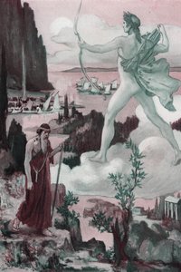 Åkallan. Apollons vrede: Prästen Chryses åkallar Apollo och säger: "Låt grekerna kastas bort, av dina pilar, från tårarna de får mig att utgjuta!" . Illustration av Clement Gontier (1876-1918) för Homeres "Iliaden" (Omero). Paris, Henri Laurens