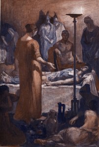Klagomålet från Briseis (vid åsynen av Patrocles sår). Illustration av Clement Gontier (1876-1918) för Homeres "Iliaden" (Omero). Paris, Henri Laurens