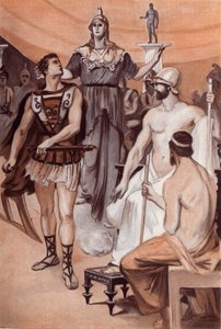 The Querelle of Achilles and Agamemnon: Minerva som steg ner från himlen kom nära bakom Achilles och grep honom i hans hår för att hindra honom från att dra sitt svärd mot Agamemnon. Illustration av Clement Gontier (1876-1918) för Homeres "Iliaden" (Omer