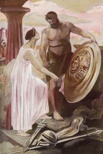 Akilles sköld skapad av Vulcan. Illustration av Clement Gontier (1876-1918) för Homeres "Iliaden" (Omero). Paris, Henri Laurens