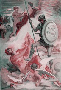 Venus skadades av Diomede som försökte rädda sin son Enee. Illustration av Clement Gontier (1876-1918) för Homeres "Iliaden" (Omero). Paris, Henri Laurens
