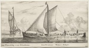 Olika fartyg och utsikt över Amsterdam (Verscheÿde Schepen en Gesichten van Amstelredam), del II: Ett vattenskepp på väg mot Soutketen. Ett Brewer