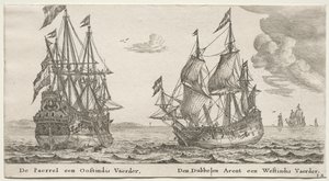 Olika fartyg och utsikter över Amsterdam (Verscheÿde Schepen en Gesichten van Amstelredam), del II: Pärlan och ostindiefararen, Dubbelörnen, en västindiefarare