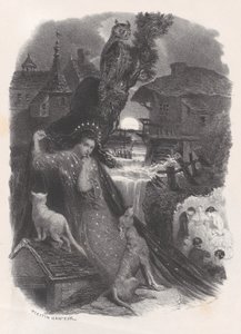 Natt, vinjett av flicka i 1700-talskostym som plockar rosor på tergo, ca. 1830-65. av Célestin Nanteuil