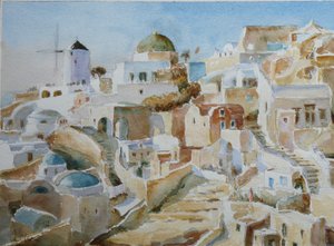 Santorini Oia – Sen eftermiddagssön, 2022 (akvarell)