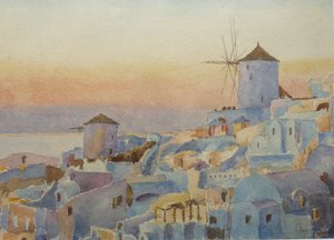 Santorini Oia – Sunset, Lighting Up Time, 2019 (akvarell)
