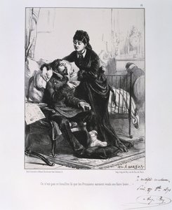 Fransk-preussiska kriget 1870-1871: En skadad soldat vårdas och får näring. Från en serie litografier av Clement August Andrieux om Gardes Nationales.