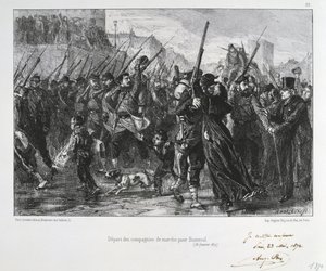 Fransk-preussiska kriget 1870-1871: Slaget vid Buzenval (berget Valerien) nära Versailles 19 januari 1871. Garde National marscherar till strid och nederlag. Från en serie litografier av Clement August Andrieux om Gardes Nationales.