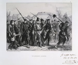 Fransk-preussiska kriget 1870-1871: Preussiska krigsfångar. Från en serie litografier av Clement August Andrieux om Gardes Nationales.