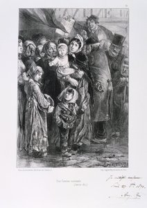 Fransk-preussiska kriget 1870-1871. Belägring av Paris 19 sept 1870-28 januari 1871. Ett nationellt soppkök i Paris, januari 1871. Ur en serie litografier av Clement August Andrieux på Gardes Nationales. Matbrist Hunger av Clément Auguste Andrieux