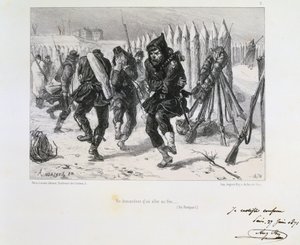 Fransk-preussiska kriget 1870-1871. Belägring av Paris 19 sept 1870-28 jan 1871. Soldater på vallarna hoppar omkring för att hålla värmen. Från en serie litografier av Clement August Andrieux om Gardes Nationales.
