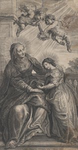 Jungfruns utbildning, med Sankta Anna och Jungfru Maria som läser med två p..., ca. 1700-24. av Coenrad Waumans