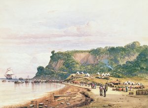 De brittiska och franska truppernas landstigning i Varua vid Svarta havet från H.M.S.Bellerophon den 17 juli 1854 i Krimkriget (akvarell). av Colonel Ben Hallewell