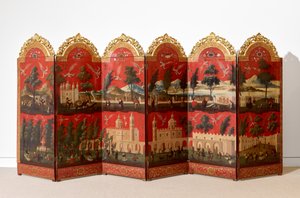 Biombo with Views of Mexico City (olja på röd maki-e-lack på panel, med förgyllda träfästen och linnebaksida) av Colonial Spanish